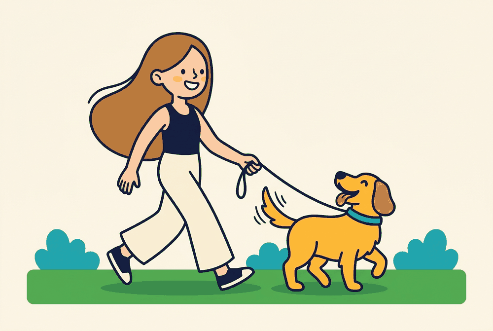 Illustration: Amy geht fröhlich mit einem gelben Hund an der Leine über einen Feldweg