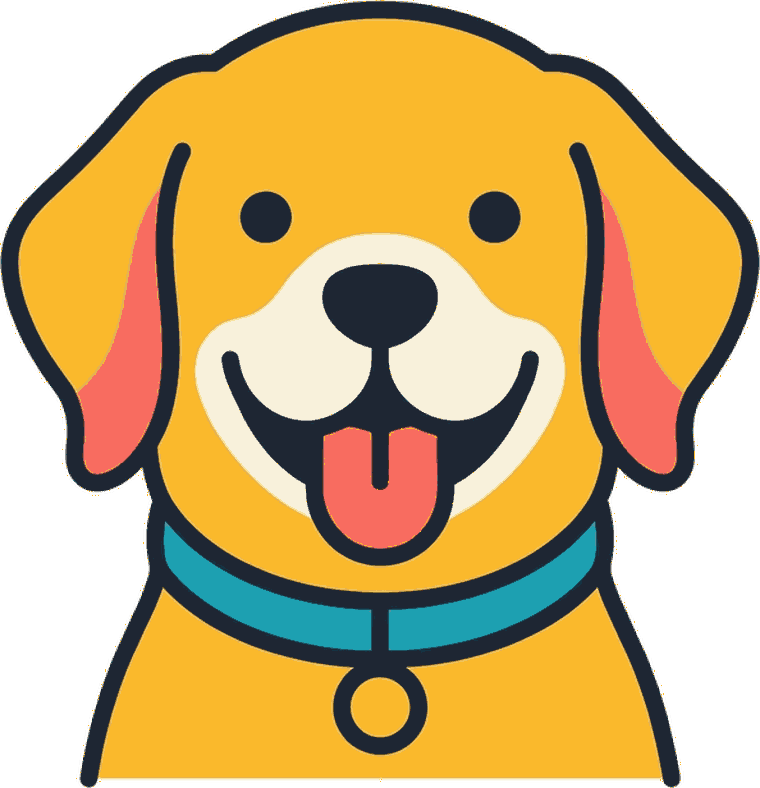 Illustration: fröhlicher gelber Hund mit türkisem Halsband